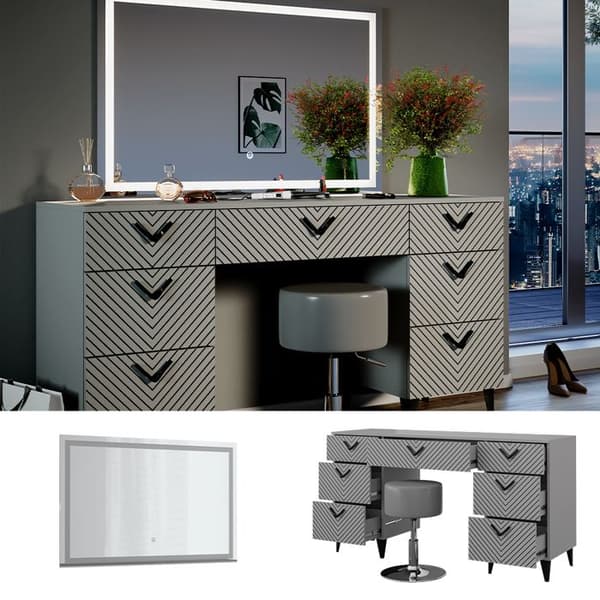 Vicco Anett sminkbord, Grå, 150 cm med LED-spegel och pall