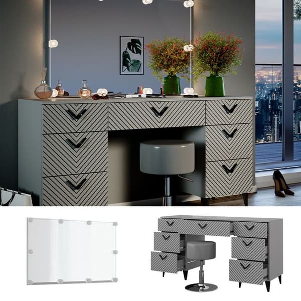 Vicco Anett sminkbord, Grå, 150 cm med LED-belysning och pall