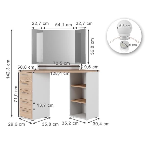 Vicco Sofia sminkbord, Vit/Sonoma, 128,4 cm med LED-belysning