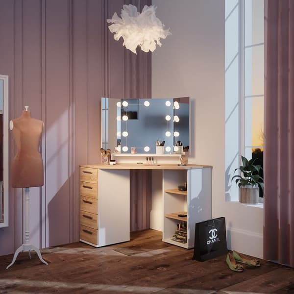 Vicco Sofia sminkbord, Vit/Sonoma, 128,4 cm med LED-belysning