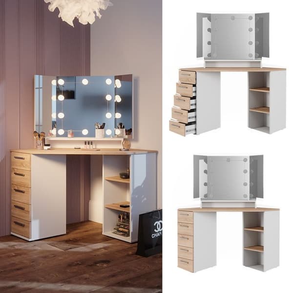 Vicco Sofia sminkbord, Vit/Sonoma, 128,4 cm med LED-belysning