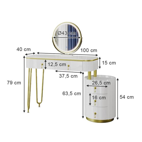 Vicco Charlène sminkbord, Vit, 100 cm med LED-spegel
