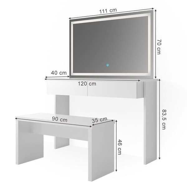 Vicco Azur sminkbord, Vit, 120 cm med LED-spegel och bänk