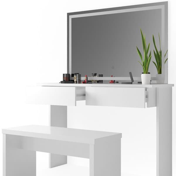 Vicco Azur sminkbord, Vit, 120 cm med LED-spegel och bänk