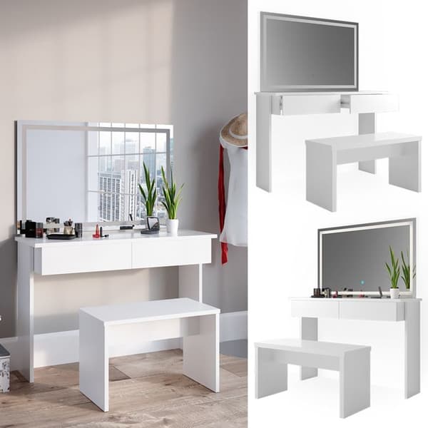 Vicco Azur sminkbord, Vit, 120 cm med LED-spegel och bänk