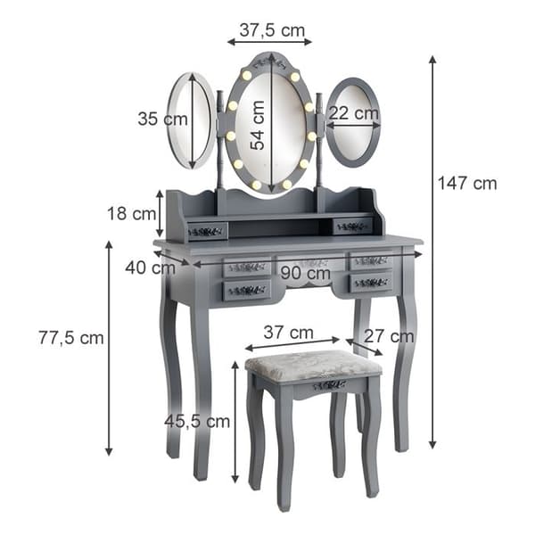 Vicco Diana sminkbord, Grå, 85 cm med belysning och pall