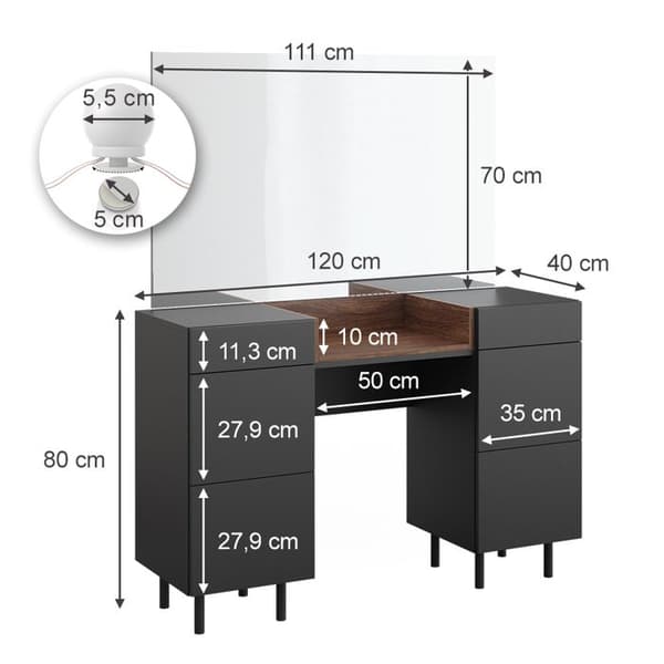 Vicco Anika sminkbord, antracit, 120 cm med LED-belysning
