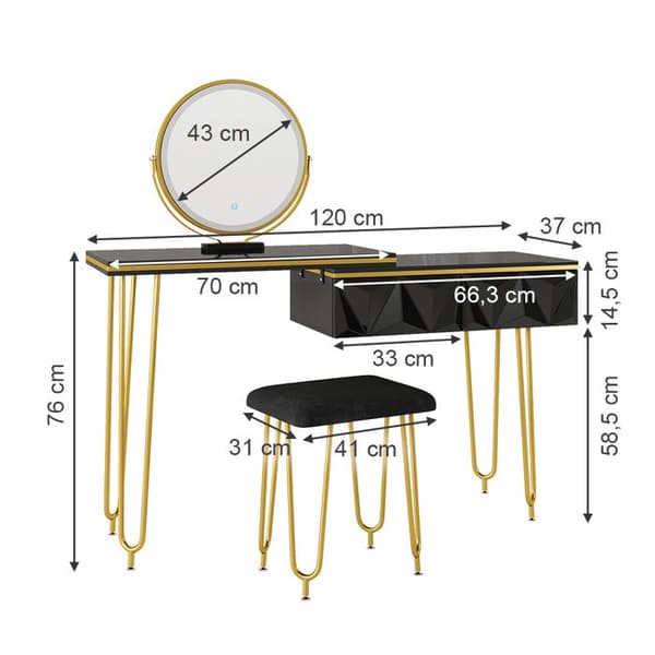 Vicco Bella sminkbord, Svart Högblank, 120 cm med LED-spegel och pall