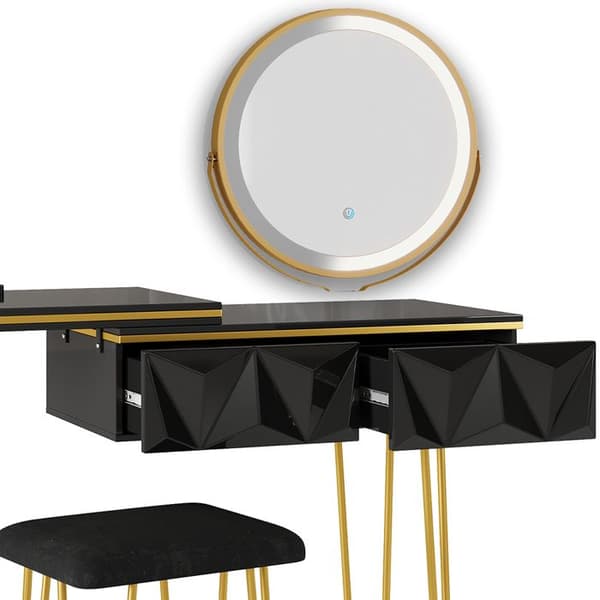 Vicco Bella sminkbord, Svart Högblank, 120 cm med LED-spegel och pall