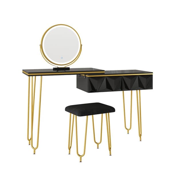 Vicco Bella sminkbord, Svart Högblank, 120 cm med LED-spegel och pall