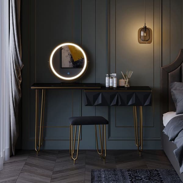Vicco Bella sminkbord, Svart Högblank, 120 cm med LED-spegel och pall