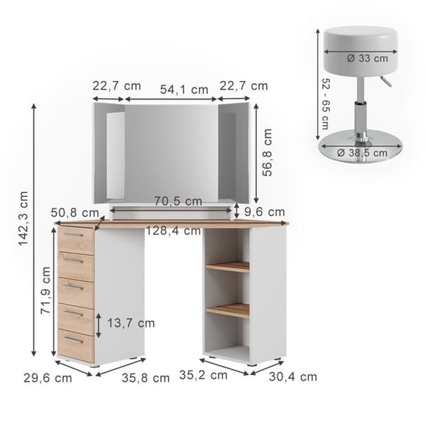 Vicco Sofia sminkbord, Vit/Sonoma, 128,4 cm med pall