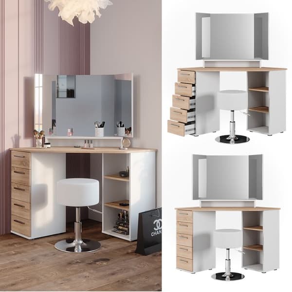 Vicco Sofia sminkbord, Vit/Sonoma, 128,4 cm med pall