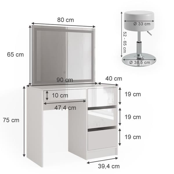 Vicco Sherry sminkbord, Vit Högglans, 90 cm med LED-spegel och pall