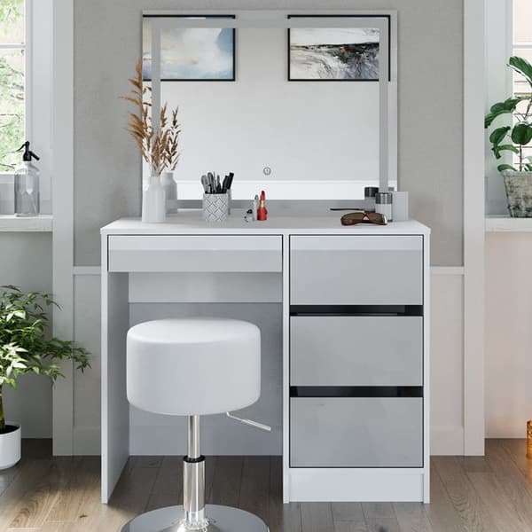 Vicco Sherry sminkbord, Vit Högglans, 90 cm med LED-spegel och pall