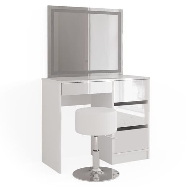 Vicco Sherry sminkbord, Vit Högglans, 90 cm med LED-spegel och pall