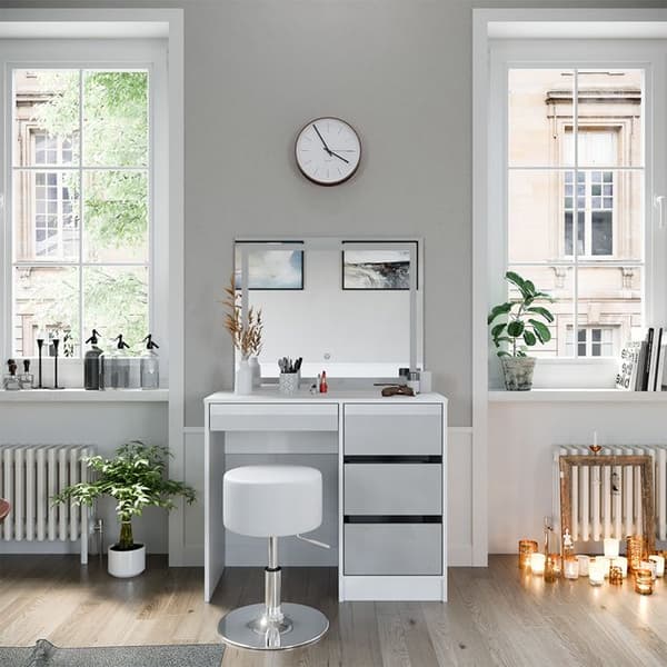 Vicco Sherry sminkbord, Vit Högglans, 90 cm med LED-spegel och pall