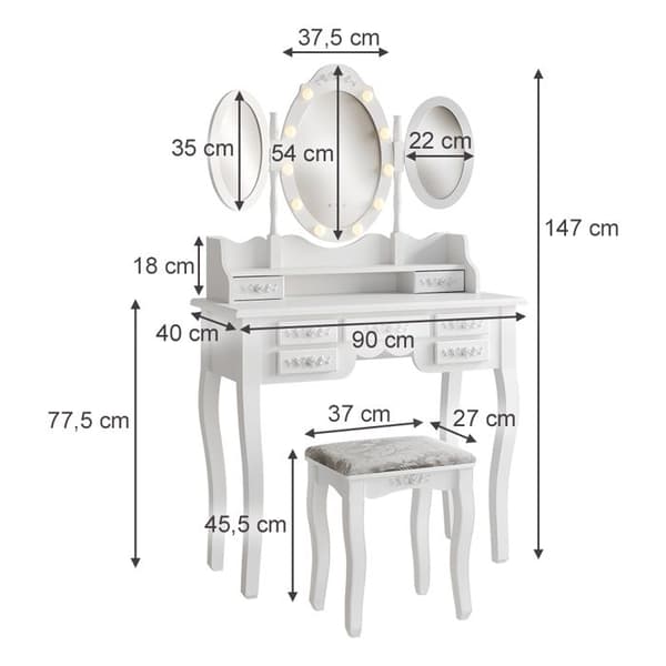 Vicco Diana sminkbord, Vit, 85 cm med belysning och pall