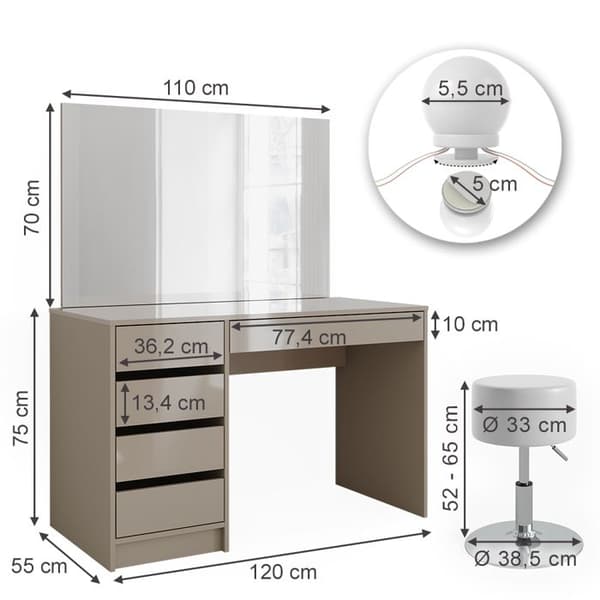 Sherry sminkbord, 120 cm med LED-belysning och pall, Greige, Vicco