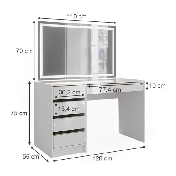Sherry sminkbord, 120 cm med LED-spegel, Vit/Guld, Vicco