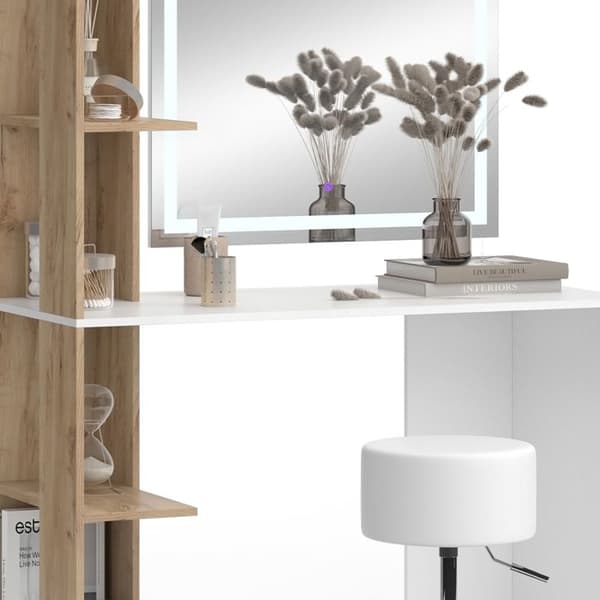 Torntoalettbord, 122,2 cm med LED-spegel och pall, Vit/Sonoma, Vicco