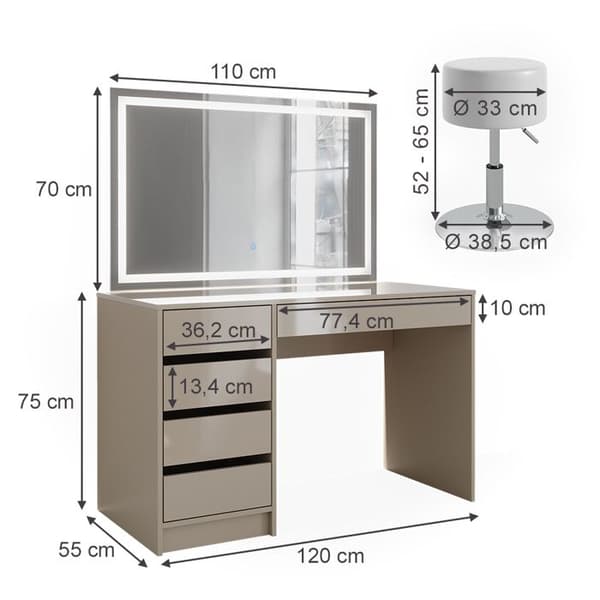 Sherry sminkbord, 120 cm med LED-spegel och pall, Greige, Vicco