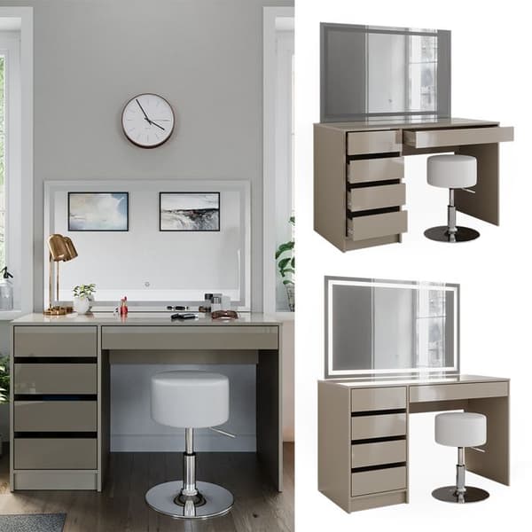 Sherry sminkbord, 120 cm med LED-spegel och pall, Greige, Vicco