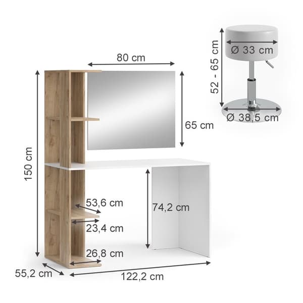 Torntoalettbord, 122,2 cm med pall, Vit/Sonoma, Vicco