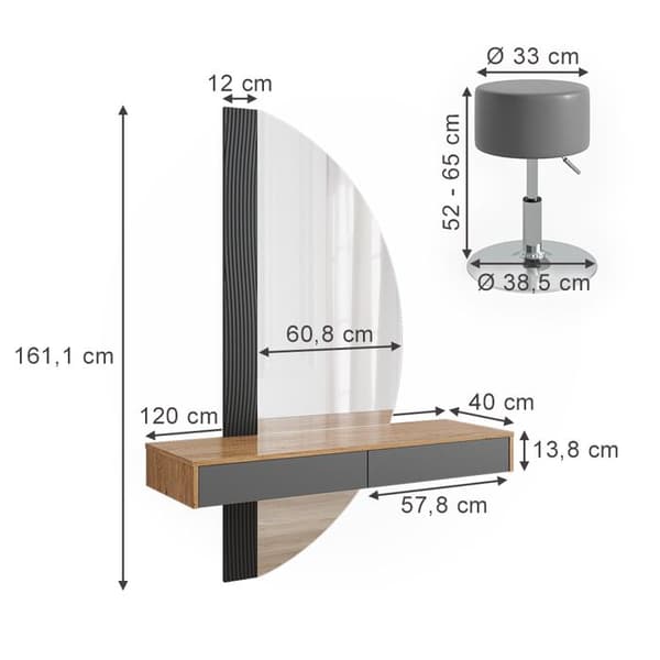 Melisa sminkbord, 120 cm med belysning och pall, Grå, Vicco