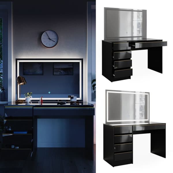 Sherry sminkbord, 120 cm med LED-spegel, Svart, Vicco