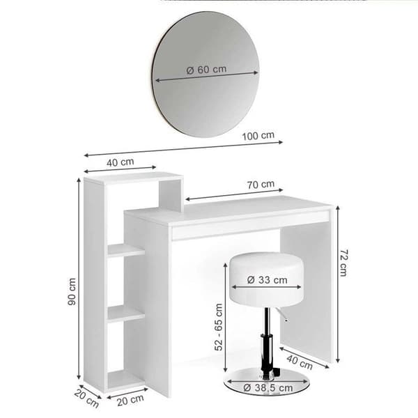 Leo sminkbord, 100 cm med spegel och pall, Vit, Vicco