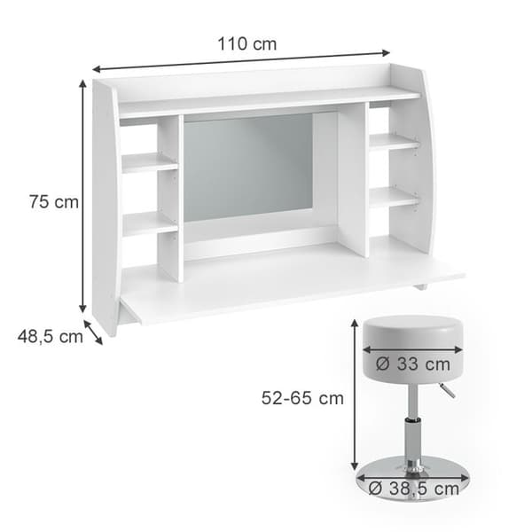 Max sminkbord, 110 cm med pall, Vit, Vicco