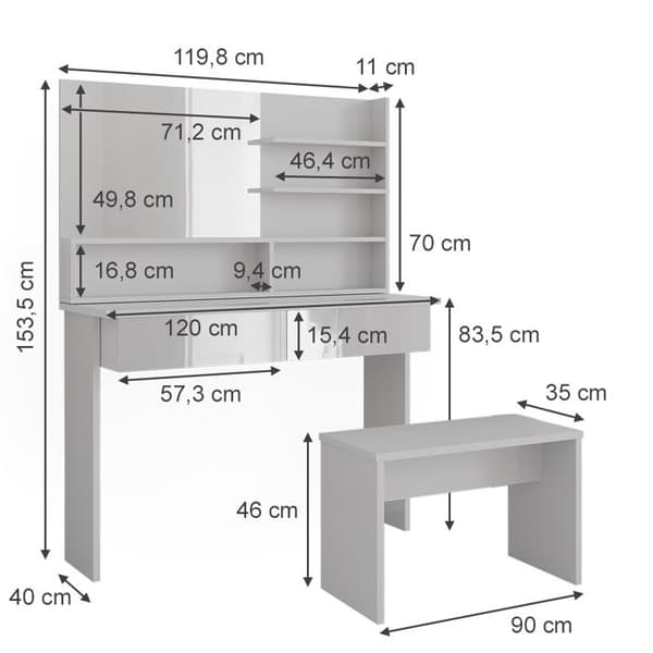 Azur sminkbord, 120 cm med bänk, Vit, Vicco