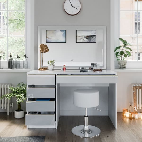 Sherry sminkbord, 120 cm med LED-spegel och pall, Vit/Guld, Vicco