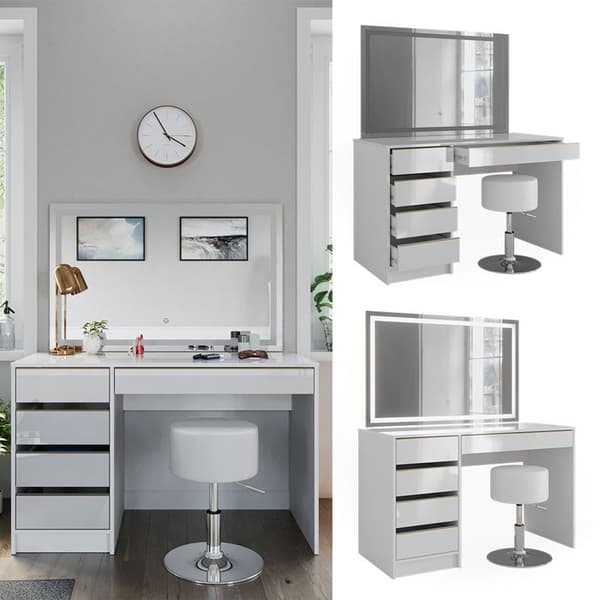 Sherry sminkbord, 120 cm med LED-spegel och pall, Vit/Guld, Vicco