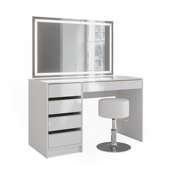 Sherry sminkbord, 120 cm med LED-spegel och pall, Vit/Guld, Vicco