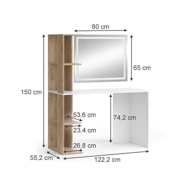 Torntoalettbord, 122,2 cm med LED-spegel, Vit/Sonoma, Vicco