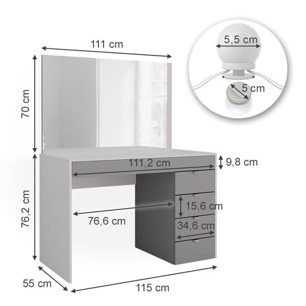 Elise sminkbord, 115 cm med LED-belysning, Vit/grå/grå, Vicco
