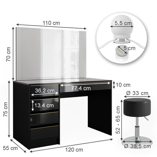 Sherry sminkbord, 120 cm med LED-belysning och pall, Svart, Vicco
