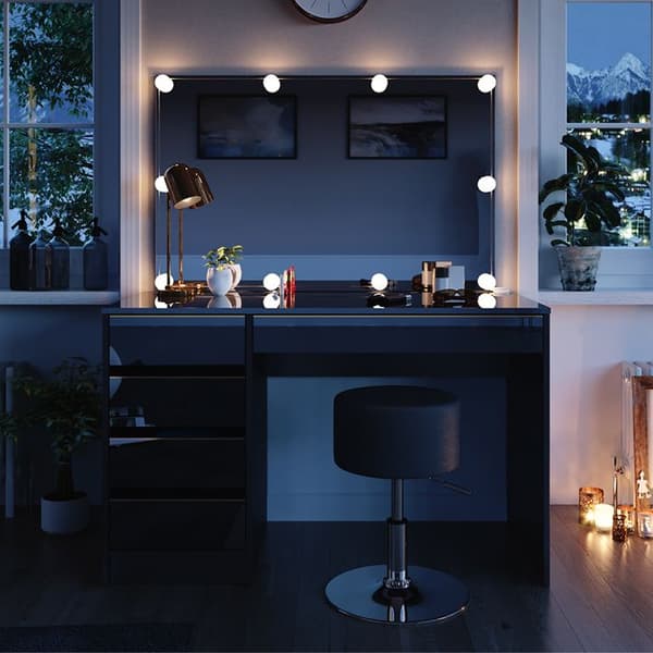 Sherry sminkbord, 120 cm med LED-belysning och pall, Svart, Vicco