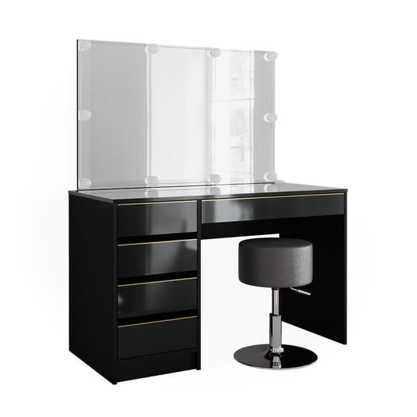 Sherry sminkbord, 120 cm med LED-belysning och pall, Svart, Vicco