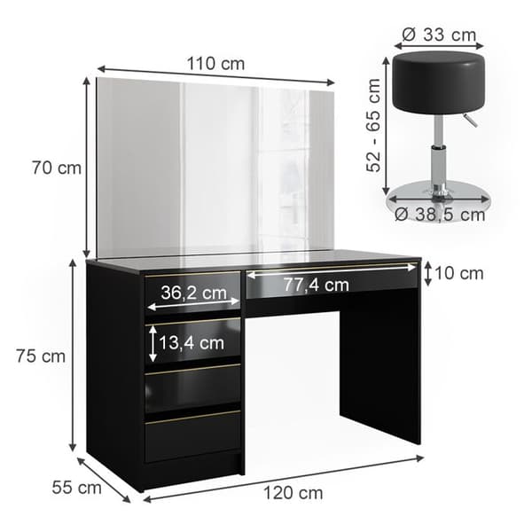 Sherry sminkbord, 120 cm med pall, Svart, Vicco