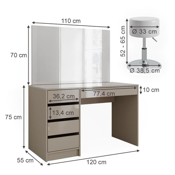 Sherry sminkbord, 120 cm med pall, Greige, Vicco