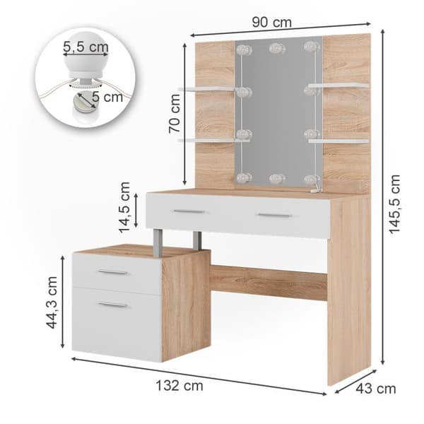 Maria sminkbord, 132 cm med LED-belysning, Vit/Sonoma, Vicco