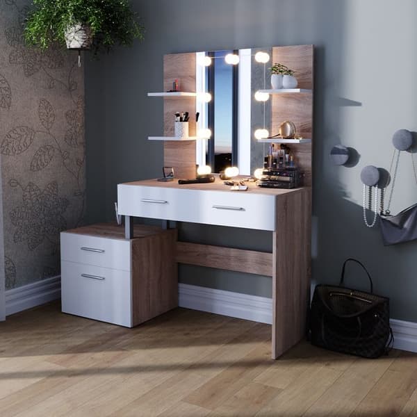 Maria sminkbord, 132 cm med LED-belysning, Vit/Sonoma, Vicco