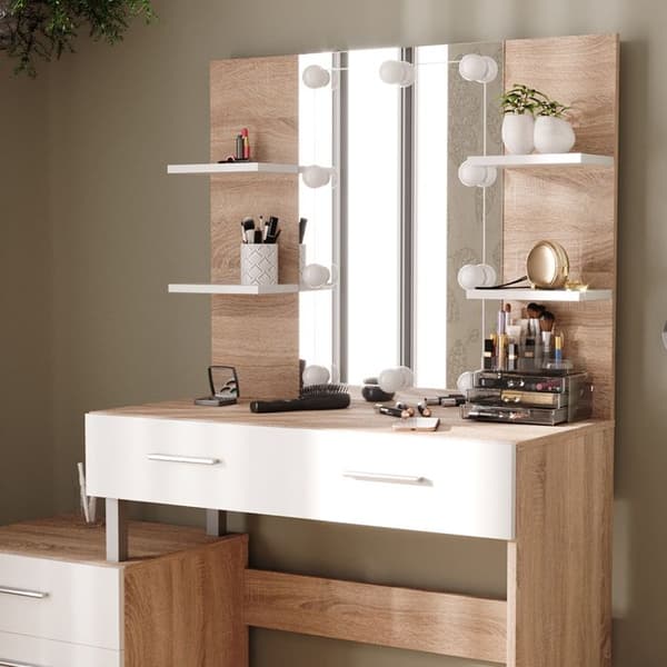 Maria sminkbord, 132 cm med LED-belysning, Vit/Sonoma, Vicco