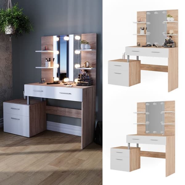 Maria sminkbord, 132 cm med LED-belysning, Vit/Sonoma, Vicco