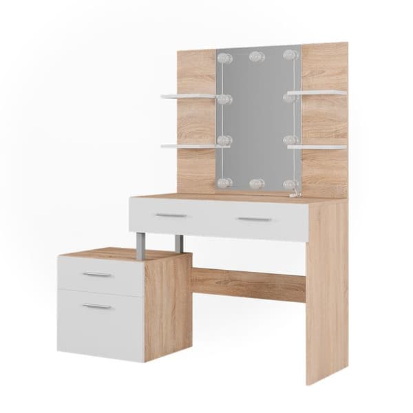 Maria sminkbord, 132 cm med LED-belysning, Vit/Sonoma, Vicco