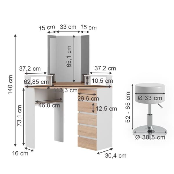 Tilda sminkbord, 113,3 cm med pall, Vit/Sonoma, Vicco