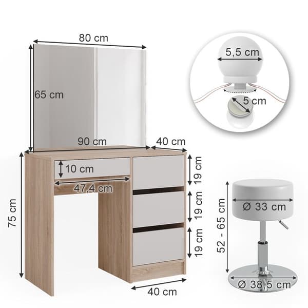 Sherry sminkbord, 90 cm med LED-belysning och pall, Sonoma, Vicco